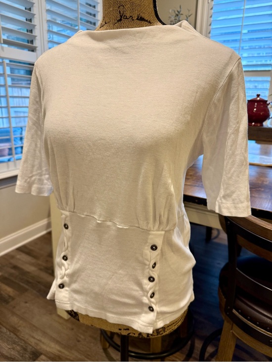 Anthropologie Tops - Pilcro White Robbed Short-Sleeve Button-Accent Waist Top